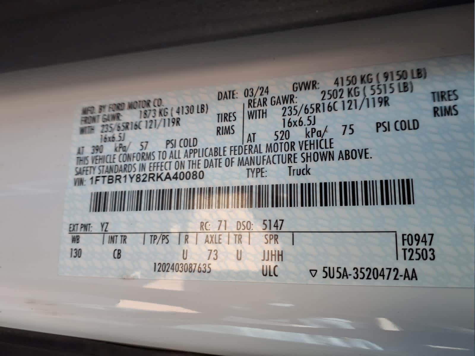 2024 Ford Transit T-250 130" Low Rf 9070 GVWR RWD