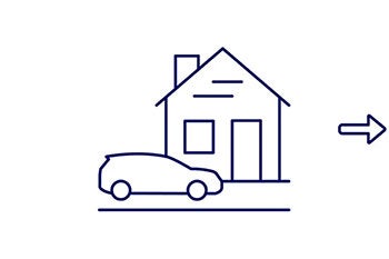 Line drawing of a car parked in front of a house